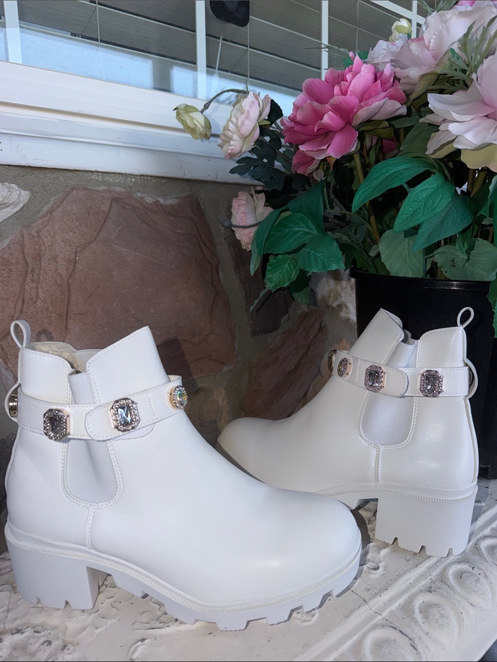 Women’s Cream Ankle Boots with Jewel Strap size 12